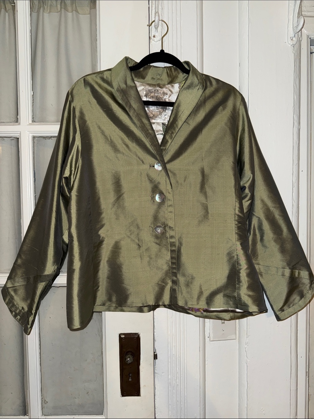 100% Silk Green Satin Button-Front  Old Money Wedding Guest Blazer SZ L